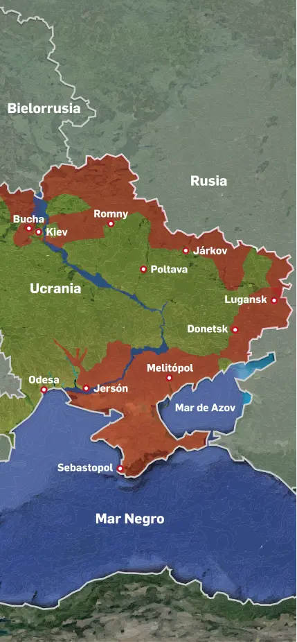 15-03-2022: Las fuerzas del Kremlin logran importantes avances en el sur, pero se bloquean en el norte y en el este.