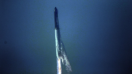 La nave Starship de SpaceX durante su primera prueba de despegue, el cohete explotó minutos después al no separarse la fase superior