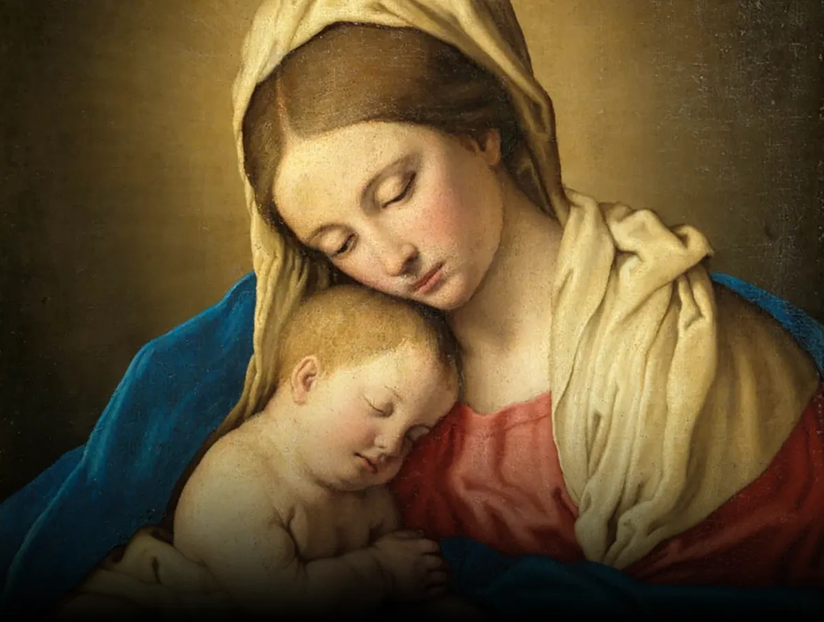 Pintura de la Virgen María acunando al niño Jesús
