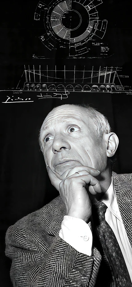Pablo Picasso con bocetos de la plaza de toros