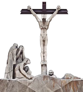 Cristo crucificado, con María y Juan y María Magdalena arrodillada a los pies de la cruz